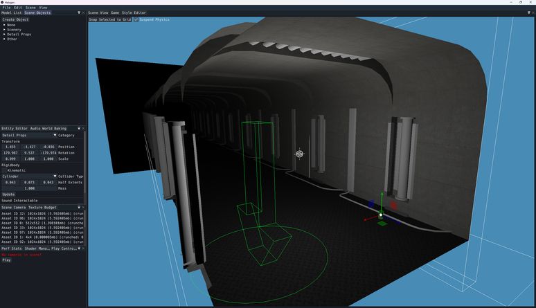 A screenshot of the Halogen Neo editor, showing a dark sci-fi corridor